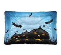 Vftphvr Dog Cat Bed Mat for Small Medium Pets, Soft Crate Pad Mattress Cushion No Slip Sleeping Kennel Mat Washable & Dry 36x24 inch Print Halloween Black Pumpkins Bats Moon Blue Pattern