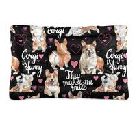 Vftphvr Dog Cat Bed Mat for Small Medium Pets, Soft Crate Pad Mattress Cushion No Slip Sleeping Kennel Mat Washable & Dry 24x18 inch Print Corgi Dogs Pink Hearts On Black