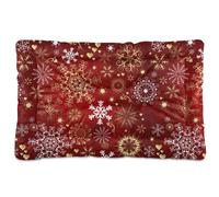 Vftphvr Dog Cat Bed Mat for Small Medium Pets, Soft Crate Pad Mattress Cushion No Slip Sleeping Kennel Mat Washable & Dry 24x18 inch Print Christmas Gold and White Snowflakes Hearts On Red