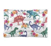 Vftphvr Dog Cat Bed Mat for Small Medium Pets, Soft Crate Pad Mattress Cushion No Slip Sleeping Kennel Mat Washable & Dry 24x18 inch Print Colorful Dinosaurs Different Dinos with Flowers