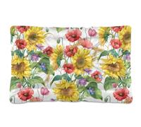 Vftphvr Dog Cat Bed Mat for Small Medium Pets, Soft Crate Pad Mattress Cushion No Slip Sleeping Kennel Mat Washable & Dry 36x24 inch Print Sunflowers Cornflower Leaves Poppy Flowers Barley