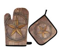 Vftphvr Oven Mitts Pot Holders Sets, Potholder Hot Pads Heat Resistant Kitchen Oven Gloves for Cooking Baking Microwave Grill Print American Texas Star on Wood Wall