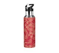 Vftphvr Stainless Steel Water Bottle, Double Thermo Cup Walled Leak-Proof Vacuum Hot Cold Insulated Travel Mug with Handle Bottle 20 Oz Print Gold Chinese Dragons On Red Seamless
