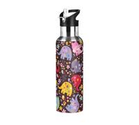 Vftphvr Stainless Steel Water Bottle, Double Thermo Cup Walled Leak-Proof Vacuum Hot Cold Insulated Travel Mug with Handle Bottle 20 Oz Print Colorful Elephants with Flowers On Black