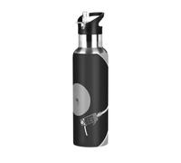 Vftphvr Stainless Steel Water Bottle, Double Thermo Cup Walled Leak-Proof Vacuum Hot Cold Insulated Travel Mug with Handle Bottle 33.8 Oz Print Vinyl Record on a Turntable Record Player Black White