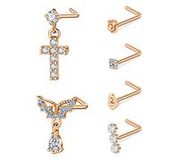 VFUN Dangle Nose Stud 20G Stainless Steel Cross Diamond CZ Nose Ring L Shaped Nose Studs Piercing Rose gold Wing Nose Rings