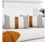 Vfuty Brown and Beige Decorative Pillow Cover Set of 2, Farmhouse Stripe Pillow Cover 12x20 Modern Faux Leather Accent Pillow Case for Couch Sofa Bed Boho Patchwork Cushion Cover