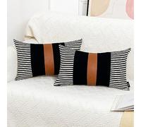 Vfuty Brown and Black Decorative Pillow Cover Set of 2, Farmhouse Stripe Pillow Cover 12x20 Modern Faux Leather Accent Pillow Case for Couch Sofa Bed Boho Patchwork Cushion Cover