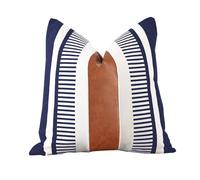Vfuty Farmhouse Throw Pillow Covers for Couch Sofa Decorative Faux Leather Square Cushion Cover Tribal Stripe Accent Pillow Case 18 x 18 Inch, Navy Blue