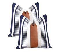 Vfuty Pack of 2 Farmhouse Decorative Throw Pillow Covers for Couch Sofa Faux Leather and Cotton Patchwork Pillow Cover Boho Stripe Accent Cushion Cover 18 x 18 Inch, Navy Blue