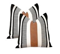 Vfuty Set of 2 Black White Boho Pillow Cover with Leather Modern Couch Pillow Covers 22x22 inch Farmhouse Stripe Pillowcase for Couch Bed, Black