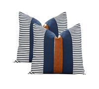 Vfuty Set of 2 Boho Decorative Throw Pillow Covers 18x18 Inch Farmhouse Stripe Pillow Case,Faux Leather Modern Cushion Cover for Living Room Couch Bed Natural Decor Navy Blue and Brown