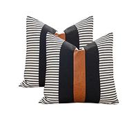 Vfuty Set of 2 Boho Decorative Throw Pillow Covers 24x24 Inch Farmhouse Stripe Pillow Case,Faux Leather Modern Cushion Cover for Living Room Couch Bed Natural Decor Pillowcase Black and Brown, B-2424