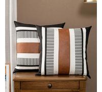 Vfuty Set of 2 Striped Boho Throw Pillow Covers 16x16 inch, Modern Leather Pillow Cover for Couch Sofa Bed, Farmhouse Decor Patchwork Accent Pillowcase, Black