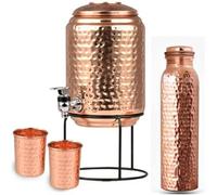 VG® 100% Pure Indian Copper Hand Hammered Finish 5 Litre Water Cooler Gold Stand with 2 tumblers & 1 litre Leak proof bottle Discover Amazing Ayurvedic Health Benefits today Fill up overnight