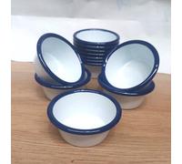 VG Enamel Ramekin White & Blue 3.2oz / 90ml Taper Stackable Ramekins, Dipping Pots, Sauce Pots, Baking Cups,Catering, 8cm Diameter x 3.5cm Height | Oven Safe | Retro | Dine In Style (12)