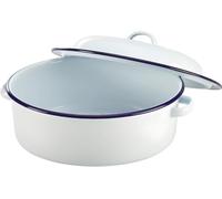 VG® Round Vitreous Enamel Roaster with Lid Oven Safe 29cm approx Diameter Oven To Table use White with Blue Rim,Self-Basting Ideal Traditional Roasts Cook Hearty Family Meals Casserole Stew