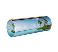 VGFJHNDF Beautiful Island in The Sea Leather Round Pencil Case Zipper Pencil Box - School Minimalist Pen Case and Makeup Bag for Men Women Girls Boys
