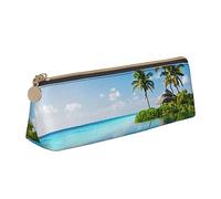 VGFJHNDF Beautiful Island in The Sea Leather Triangle Pencil Case Zipper Pencil Box - School Minimalist Pen Case and Makeup Bag for Men Women Girls Boys