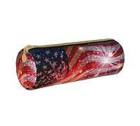 VGFJHNDF Fireworks American Flag Leather Round Pencil Case Zipper Pencil Box - School Minimalist Pen Case and Makeup Bag for Men Women Girls Boys