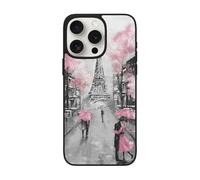 VGFJHNDF Paris Street Eiffel Tower Pink Floral Printed Phone Case For Iphone 15 Pro Max 6.7 Inch, Shockproof Phone Case Cover With Lens Protection, Wireless Charging Compatible, Easy Clean
