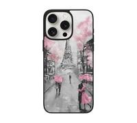 VGFJHNDF Paris Street Eiffel Tower Pink Floral Printed Phone Case for iPhone 15 Pro Max 6.7 inch, Shockproof Phone Case Cover with Lens Protection, Wireless Charging Compatible, Easy Clean