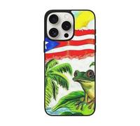 VGFJHNDF Puerto Rico Flag Frog Palm Trees Printed Phone Case For Iphone 15 Pro Max 6.7 Inch, Shockproof Phone Case Cover With Lens Protection, Wireless Charging Compatible, Easy Clean