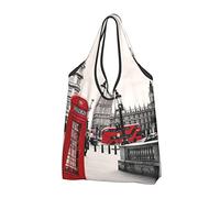 VGFJHNDF Red Phone Booth London Street Foldable Shopping Bag, Women's Reusable Eco-Friendly Grocery Tote Bag, Holds 50+ Lbs, 1 Pcs