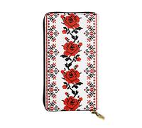 VGFJHNDF Ukrainian Embroidery Style Rose Printed Long Leather Wallet,12 Credit Card Slots, 4 Cash Pocket,1 Zipper Coin Pocket