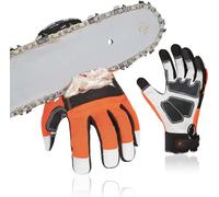 Vgo... Chainsaw Gloves 12-Layer Protection on Left Hand, Safety Forestry Work Gloves with Touchscreen in Goat Leather(M,Orange,1Pair)