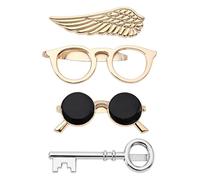 VGOL 4PCS Tie Clips Necktie Bar Pinch Clasps 4 Patterns Wing & Key & Sunglasses & Eyeglasses Men Tie Accessories for Men Boys Father Husband Lover
