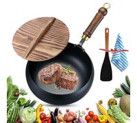 Vgpbphj Japanese Iron Pan, Uncoated Cast Iron Frying Pan with Wooden Lid, Hand-Forged Cast Non Stick Pot, for High-Heat Frying, Multiple Uses Big Belly Pot for Stoves, Induction Hobs (with lid, 30cm)