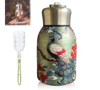 Vgpbphj Stylish & Portable Insulated Water Bottle, 300ml Leakproof Stainless Steel Portable Pocket Cup, Vintage Floral Pattern, Keep Drinks Hot Or Cold (Green peacock)