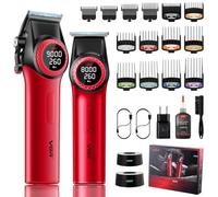 VGR 001 & 977 Hair Clipper and Trimmer Set for Men, DLC Blades, Red | 21-speed control, 260-minute runtime, LED displays, dual charging stands and 14 guide combs support precise grooming