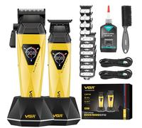 VGR 877S2 Professional Hair Clippers for Men, 2-in-1 Cordless Clipper & Trimmer Kit with 9000 RPM Motor, USB-C Rechargeable with Charging Base, LED Display for Barbers and Home Use, Gold