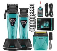 VGR 877S3 Hair Clippers for Men, Professional Hair Cutting Kit with LED Display & Charging Base, Cordless Barber Clippers with Turbo High-Speed 9000RPM Motor, All-in-One Grooming Set, Green