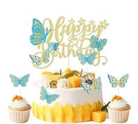VGRDTM Butterfly Cake Toppers, Butterfly Cake Decorations, Happy Birthday Cake Topper, Gold Blue Butterfly Birthday Cake Topper Set with Glitter Design for Girls Women Party Decorations