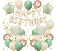 VGRDTM Happy Birthday Balloons, Sage Green Balloons, Green Birthday Decorations - Beige Gold Party Set with Banner, Confetti Balloon for Women Men Kids