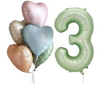 VGRDTM Number 3 Balloon, 3 Balloon, Sage Green Balloons, 40 Inch Giant 3 Foil Balloon with 5 Retro Heart Balloons for Neutral 3rd Birthday Decorations, Jungle Baby Shower Party Supplies