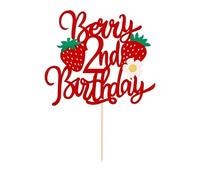 VGRDTW 1 Pack Berry 2nd Birthday Cake Topper with Glitter Red Strawberry Picks - 14x12.5cm Paper Decoration for 2 Year Old's Party, Strawberry Theme Cake Decorations & 2nd Birthday Party Supplies