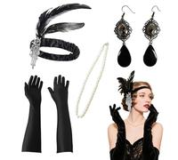 VGRDTW 1920s Accessories for Women - 4P Set with Feather Headband, Gloves, Pearl Necklace & Earrings, Dress Accessories, Retro Vintage Style for 1920s Party, Cosplay, Bridal Events