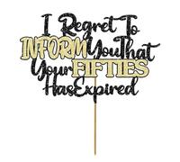 VGRDTW 1Pcs 60th Birthday Cake Topper Black & Gold Glitter I Regret to Inform You That Your Fifties Has Expired Paper Cake Decor for Funny 60th Birthday Party Supplies