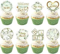 VGRDTW 48 Pcs Baby Shower Cupcake Toppers, 6 Designs Green Leaf Cake Decorations with Woodland Jungle Theme, Sage Green Party Cake Toppers & Cupcake Picks for Boy Girl Birthday