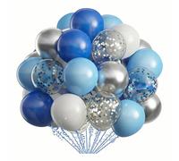 VGRDTW 60 Pcs Blue Silver White Balloons 12 Inch, Navy Light Blue Metallic Silver Confetti Latex Balloons with 2 Ribbons for Graduation Birthday Party Decorations