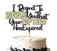 VGRDTW 60th Birthday Cake Topper, 60th Birthday Decorations, 1Pcs Black Gold Glitter ‘I Regret To INFORM you That your FIFTIES Has Expired’ Cake Topper for Funny Party Supplies