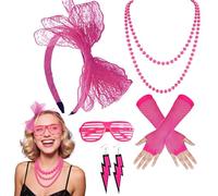 VGRDTW 80s Fancy Dress Outfit 5PCS Set - Pink Retro Costume Accessories with Earrings, Necklace, Mesh Sleeves, Headband & Glasses for 80s 90s Theme Parties, Cosplay & Neon Dress-Up Events