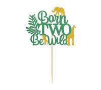 VGRDTW Born Two Be Wild Cake Topper - 2nd Birthday Green Glitter Jungle Safari Design with Animal Silhouettes - 15x12cm Party Decorations for 2 Year Old Girls Kids