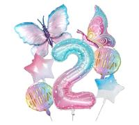 VGRDTW Butterfly Balloons 2th Birthday Decorations for Girls, Gradient Pink 40 Inch Aluminium Foil Balloon Set with Number 2, Pink & Blue Stars, Butterflies & Happy Birthday Balloon, Includes Ribbon