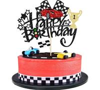 VGRDTW Car Cake Topper, Racing Cake Topper, Vintage Race Car Decorations, Large Chequered Flag Cupcake Toppers for Race Car Birthday Party Decorations