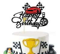 VGRDTW Car Cake Topper, Racing Car Cake Decorations, Racing Car Birthday Party Decorations, 6.4x4.8 Inch Glitter Race Car Trophy Helmet Cake Picks for Boys Let's Go Racing Theme Party Supplies